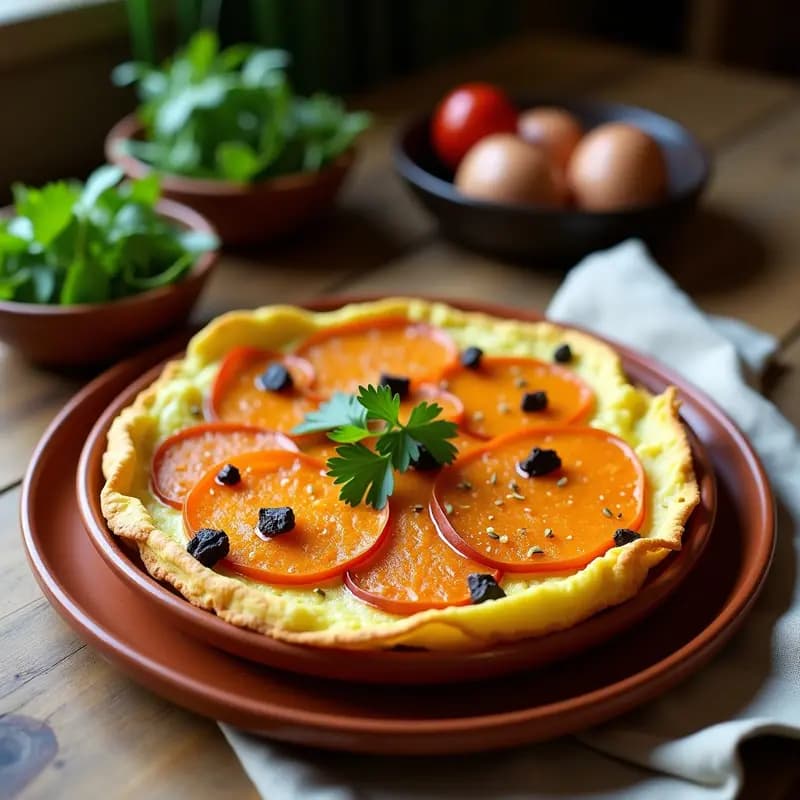Tortilla española dorada con trozos de batata naranja y ajo negro, servida en plato de barro con perejil fresco espolvoreado.