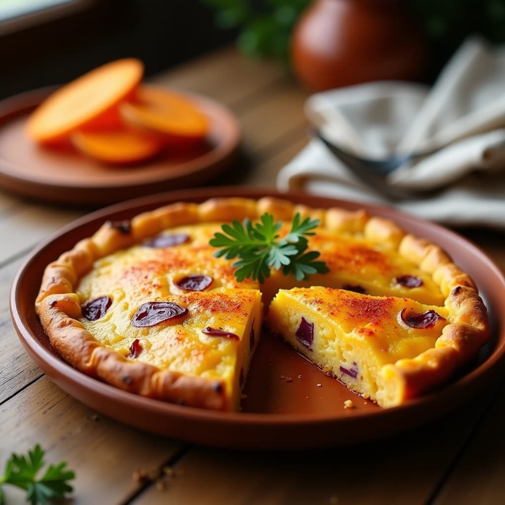 Tortilla española de batata al horno en molde redondo, dorada por fuera y jugosa por dentro, con trozos visibles de cebolla morada. Plato saludable y apto para tuppers.