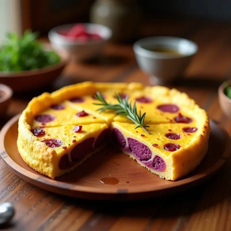 Tortilla española de batata morada cortada en porciones, con capas visibles de batata morada y cebolla, dorada por fuera y jugosa por dentro, servida en un plato de madera rústico.