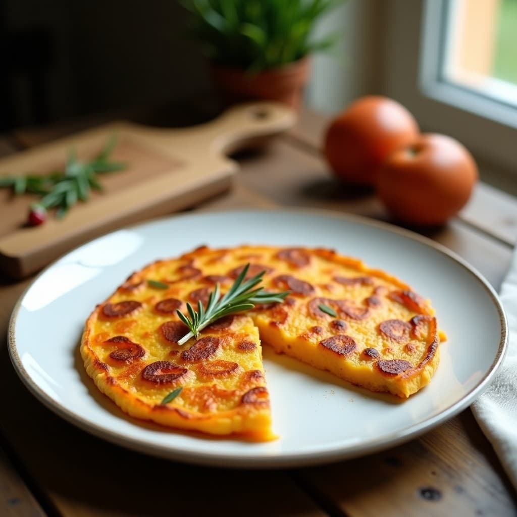 Tortilla española dorada y crujiente de batata y pimiento de padrón sin huevos, horneada en airfryer, con bordes bien definidos y superficie ligeramente abultada, servida en plato blanco rústico.