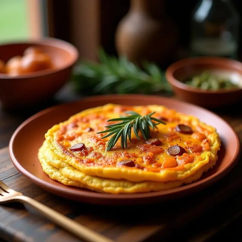 Tortilla española dorada con trozos de boniato caramelizado y cebolla morada, espolvoreada con pimentón de La Vera, servida en plato de barro rústico.