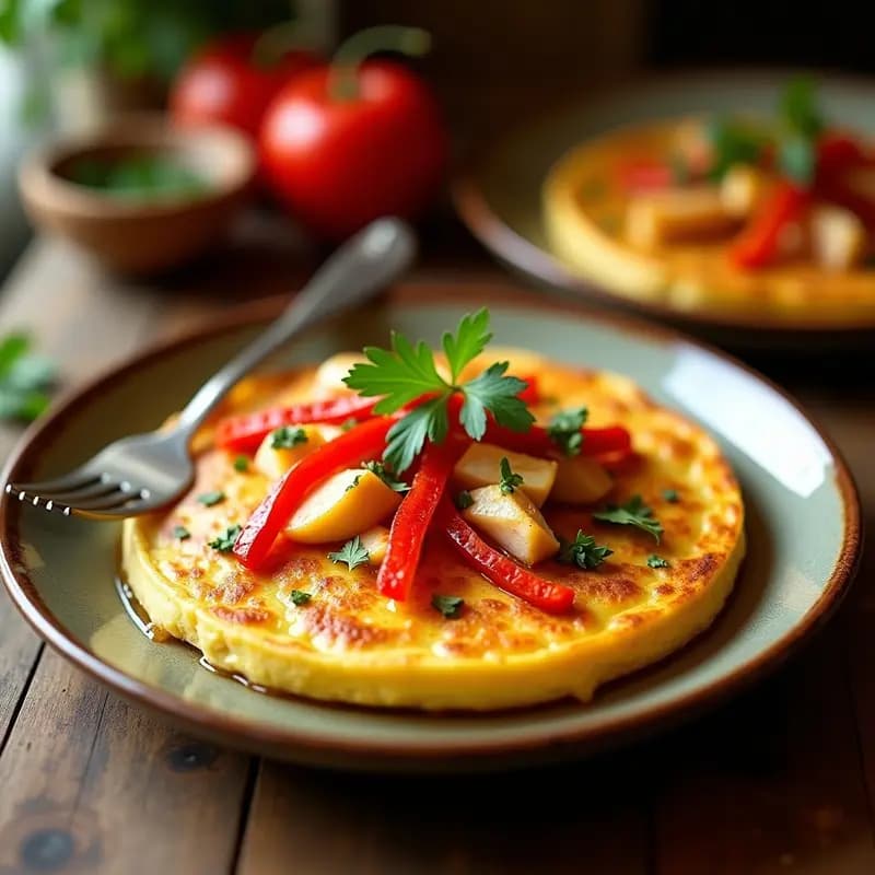 Tortilla española dora y jugosa rellena de trozos de bonito en aceite y tiras de pimientos asados rojos, servida en plato de barro con perejil fresco picado.