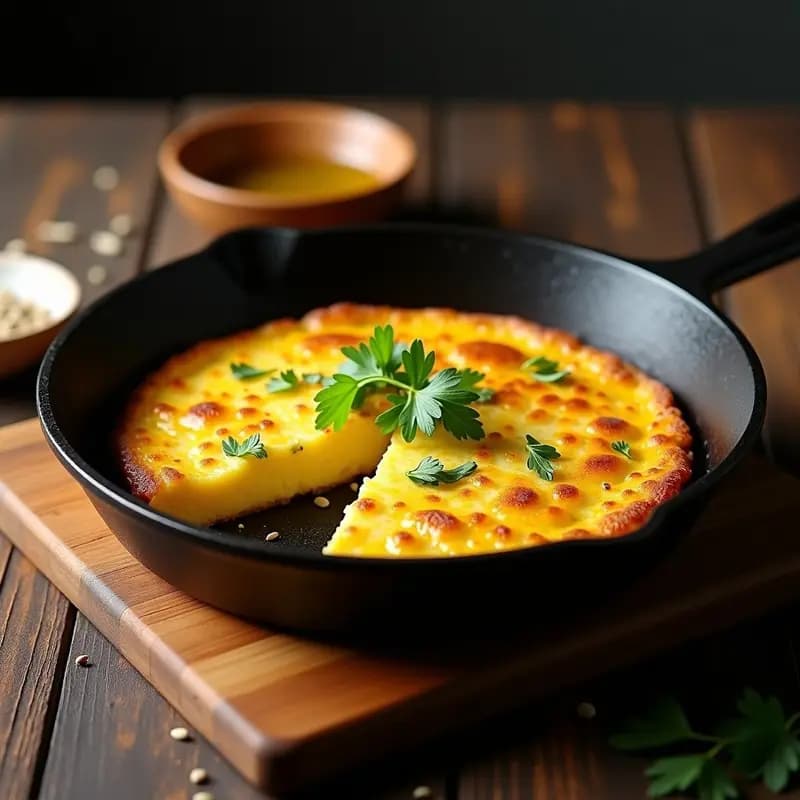 Tortilla española vegana dorada en sartén de hierro, con coliflor rallada y huevo de lino, servida en plato de madera con perejil fresco.