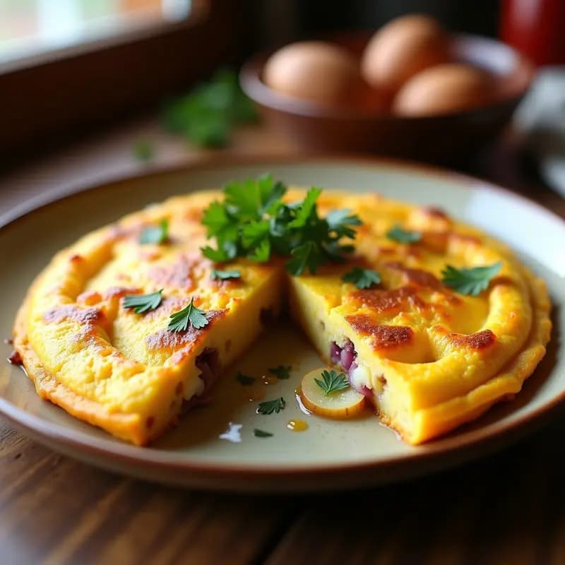 Tortilla española alta en proteínas cortada en porciones, con un centro jugoso y bordes dorados, acompañada de perejil fresco picado sobre un plato rústico de barro.
