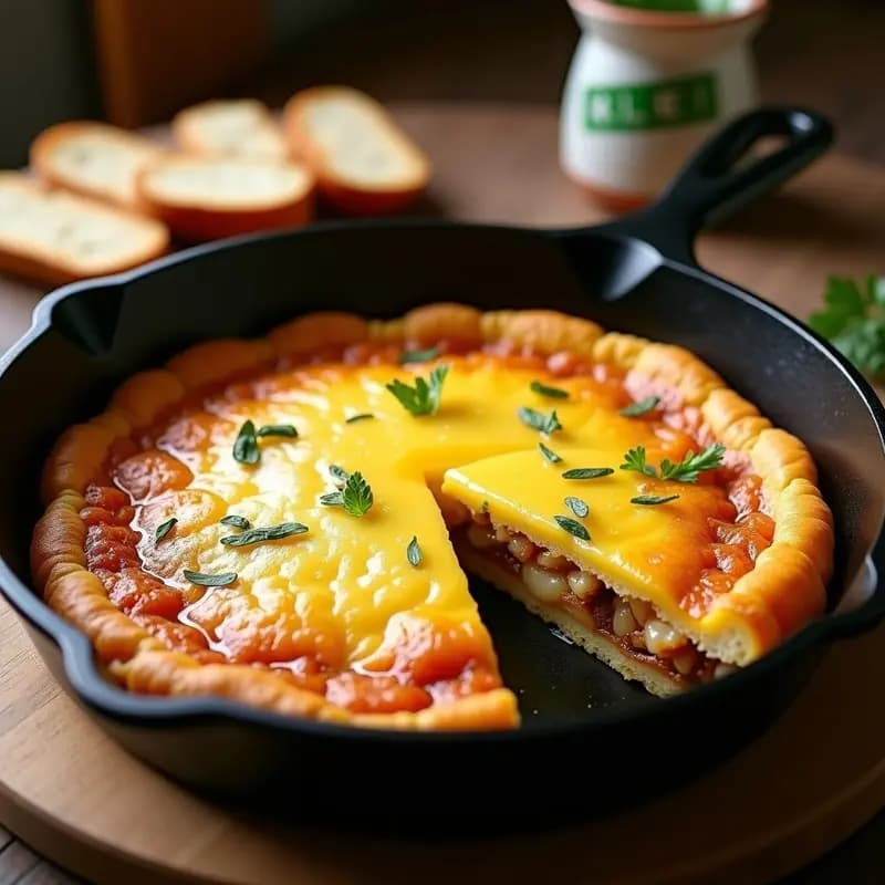 Tortilla española cremosa recién hecha en sartén de hierro, con el centro jugoso y los bordes dorados, acompañada de una rebanada de pan rústico.