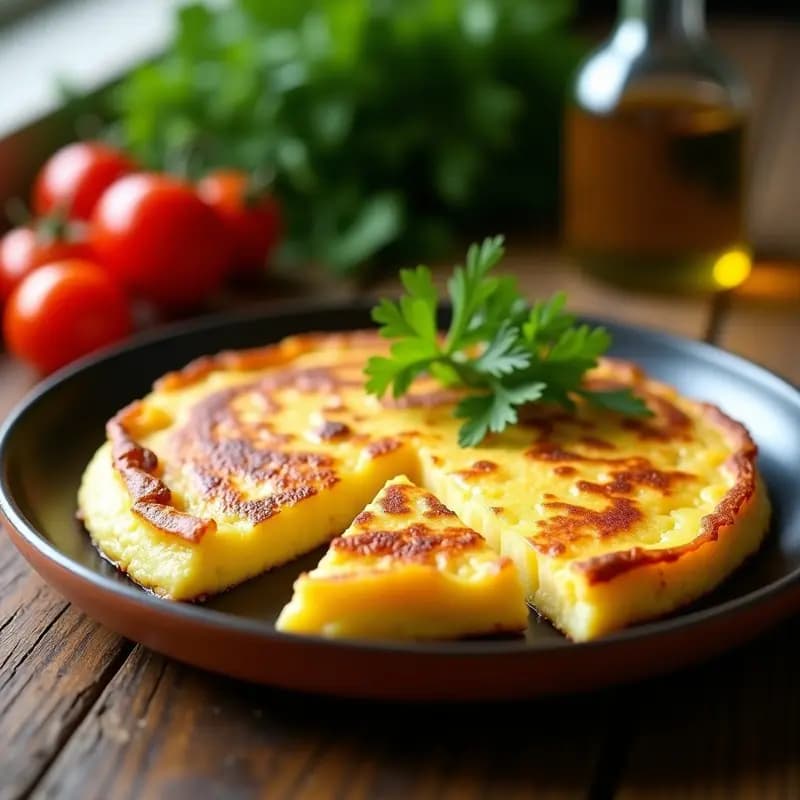 Tortilla española cremosa cortada en porciones, con el centro jugoso y los bordes dorados, servida en un plato de barro rústico sobre una mesa de madera con un ramito de perejil fresco.