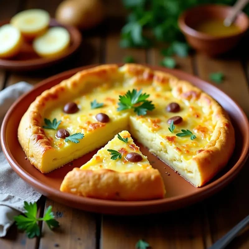 Tortilla española dorada y cremosa con trozos de queso kajmak fundido y patatas tiernas, servida en plato rústico de barro.