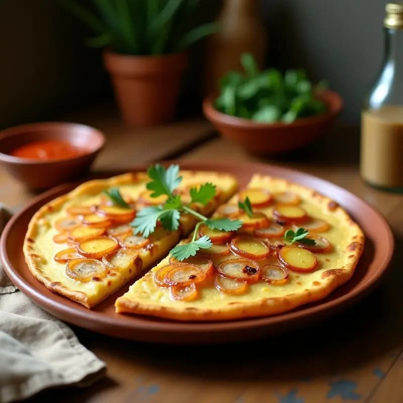 Tortilla española criolla colombiana dorada, cortada en porciones, con trozos de papa amarilla y cebolla larga, servida en plato de barro con cilantro fresco espolvoreado.