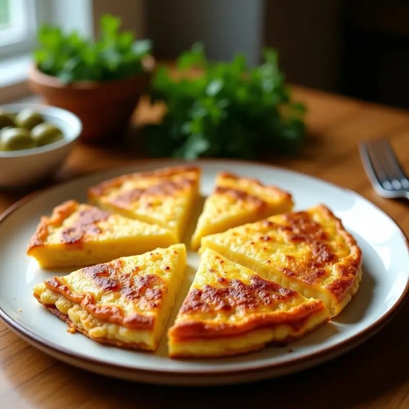 Tortilla de patatas dorada y crujiente por fuera con interior tierno, cortada en porciones irregulares sobre un plato de barro. Se aprecia la textura esponjosa y los trozos de cebolla caramelizada en su interior.