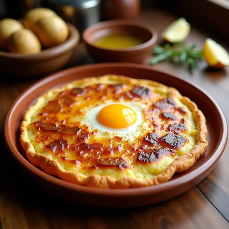 Tortilla española dorada y crujiente en su exterior, con yema líquida en el centro, servida en plato de barro rústico con rodajas de cebolla caramelizada visibles.