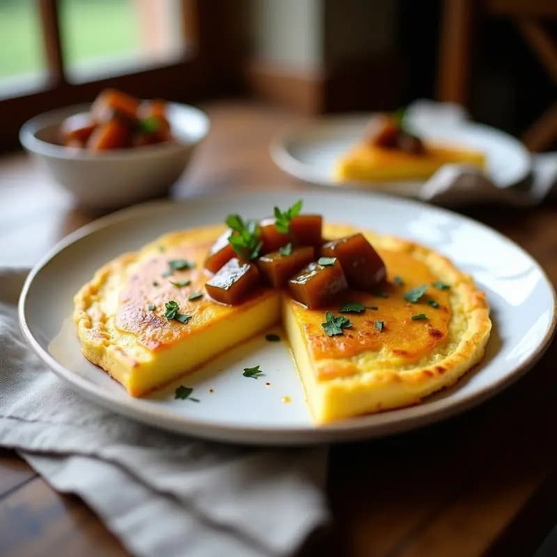 Tortilla española dorada y jugosa cortada en porciones, servida en plato rústico con escabeche de berenjena brillante y crujiente, decorada con perejil fresco.