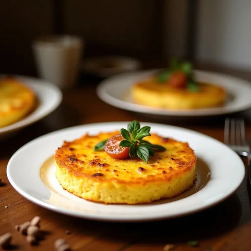 Tortilla de patatas dorada con textura cremosa de flan en su interior, cortada en porciones, servida en plato de madera rústico con fondo de cocina tradicional española.