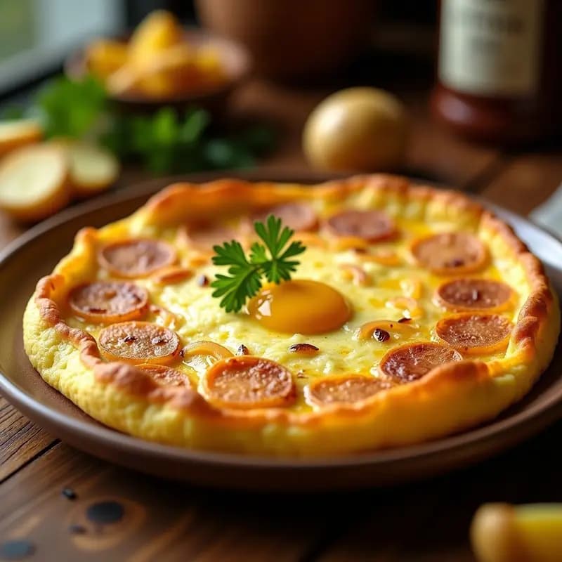 Tortilla española dorada y jugosa con rodajas de patata y cebolla, servida en plato de barro rústico, receta original de Jorge Bush.