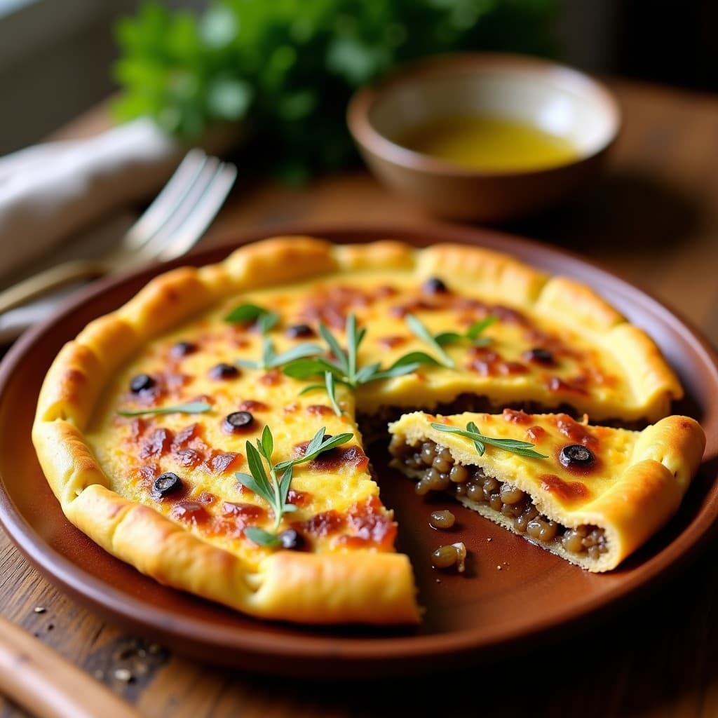 Tortilla española dorada y crujiente con lentejas, cebolla y pimiento, cortada en porciones y servida en plato de madera rústico.