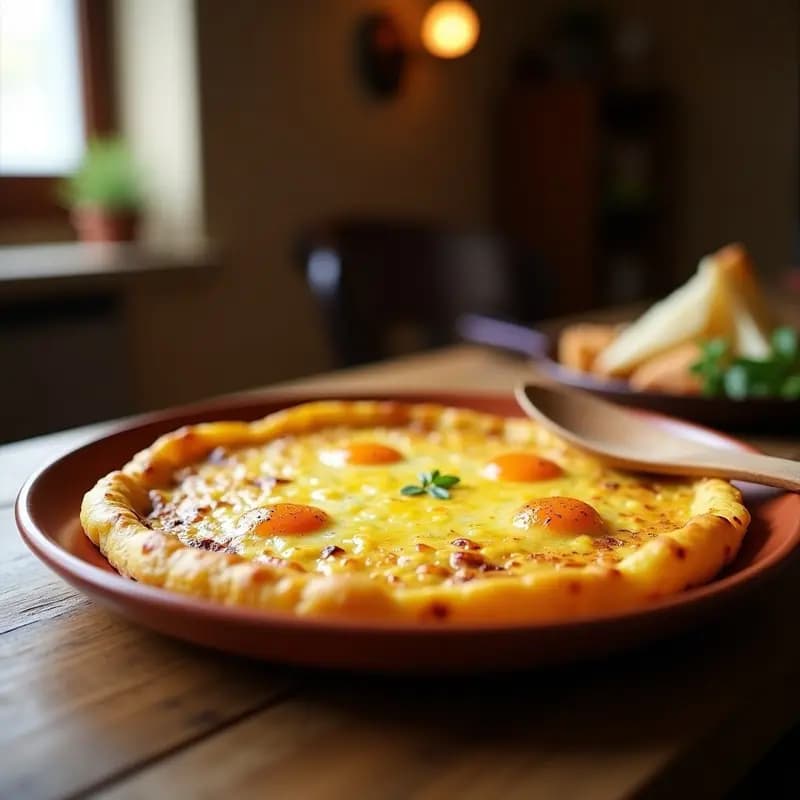 Tortilla española de ojos rotos recién hecha en sartén antiadherente, con el centro jugoso y bordes dorados, servida en plato rústico de barro.