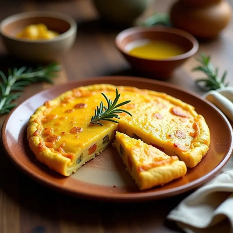 Tortilla española dorada con azafrán cortada en porciones, mostrando su interior jugoso y trozos de patata y cebolla, servida en plato de barro rústico.