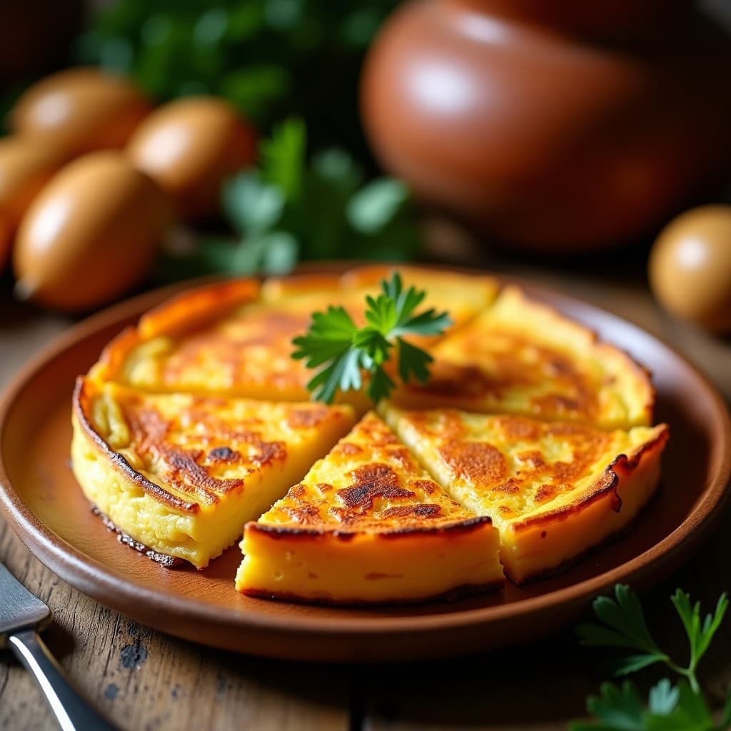 Tortilla gruesa de patata y batata dorada por fuera, jugosa por dentro, cortada en porciones irregulares sobre un plato de madera rústico, con fondo de cocina tradicional española.