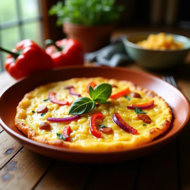 Tortilla española dorada y jugosa con trozos de patata, cebolla morada y pimiento rojo asomando, servida en un plato de barro rústico sobre una mesa de madera con un tenedor de fondo.