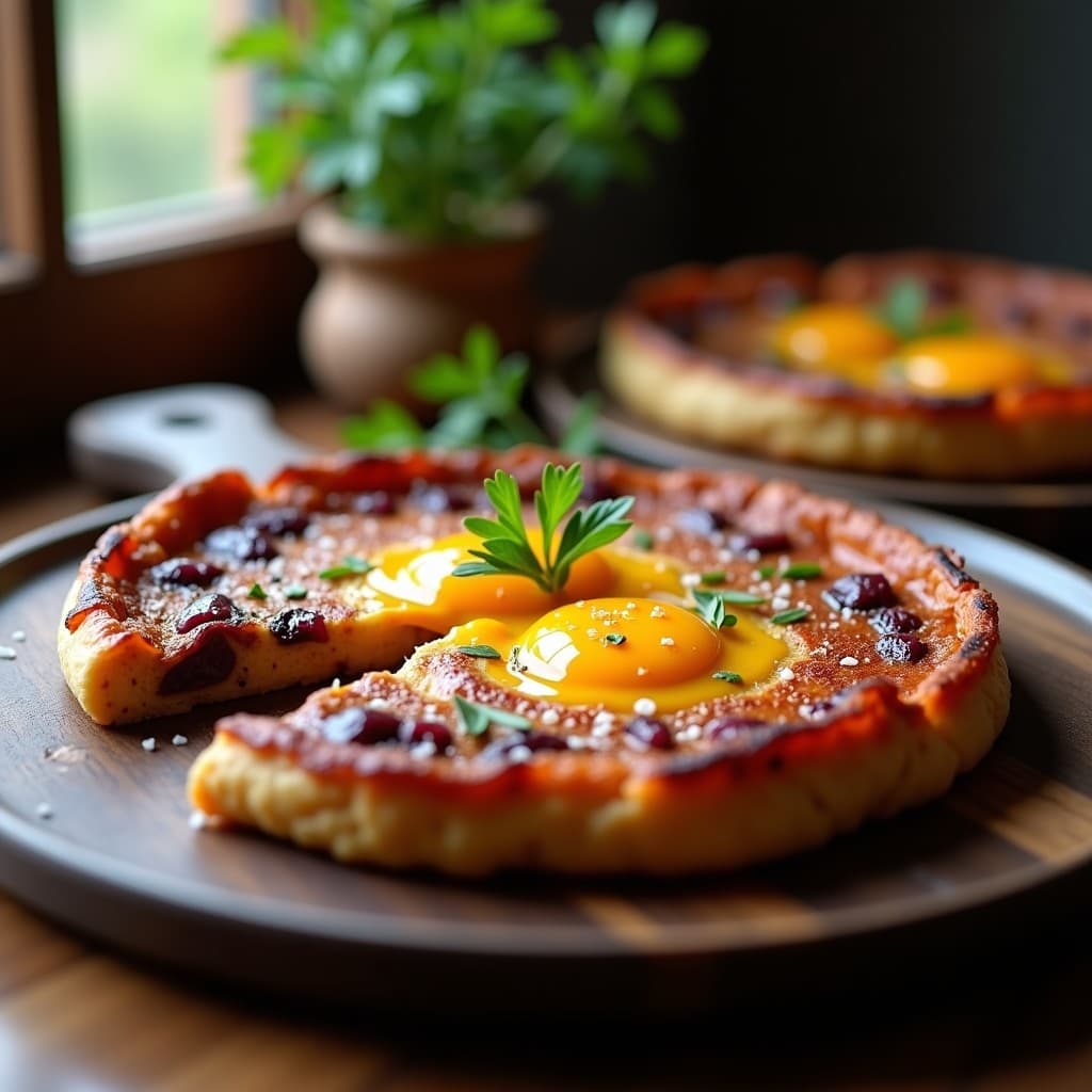 Tortilla española de patata morada ahumada cortada en porciones, con un centro jugoso y bordes dorados, servida en plato de madera rústico con hilo de aceite de oliva virgen extra.