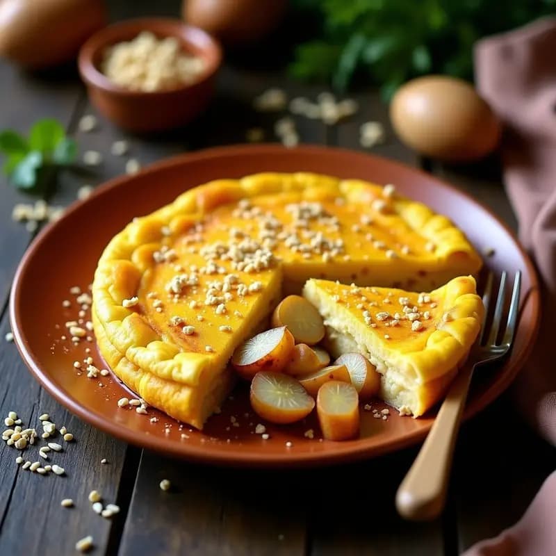 Tortilla española dorada con trozos de patata y cebolla, espolvoreada con nuez moscada, servida en plato de barro rústico.
