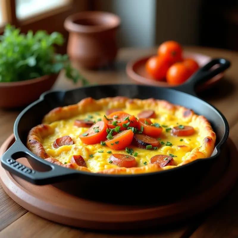 Tortilla española dorada en sartén de hierro, con trozos visibles de patata, cebolla y zanahoria ahumada, servida en plato rústico de barro.