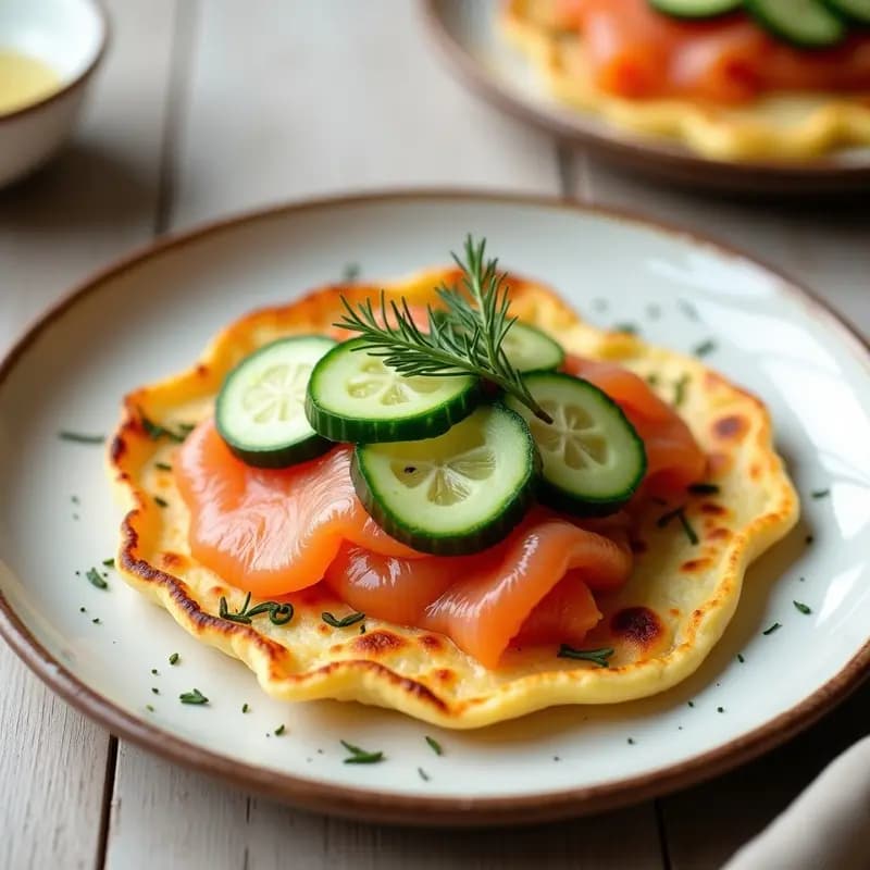 Tortilla española dorada con rodajas de pepino persa fresco y tiras de salmón ahumado, decorada con eneldo, servida en plato blanco rústico.