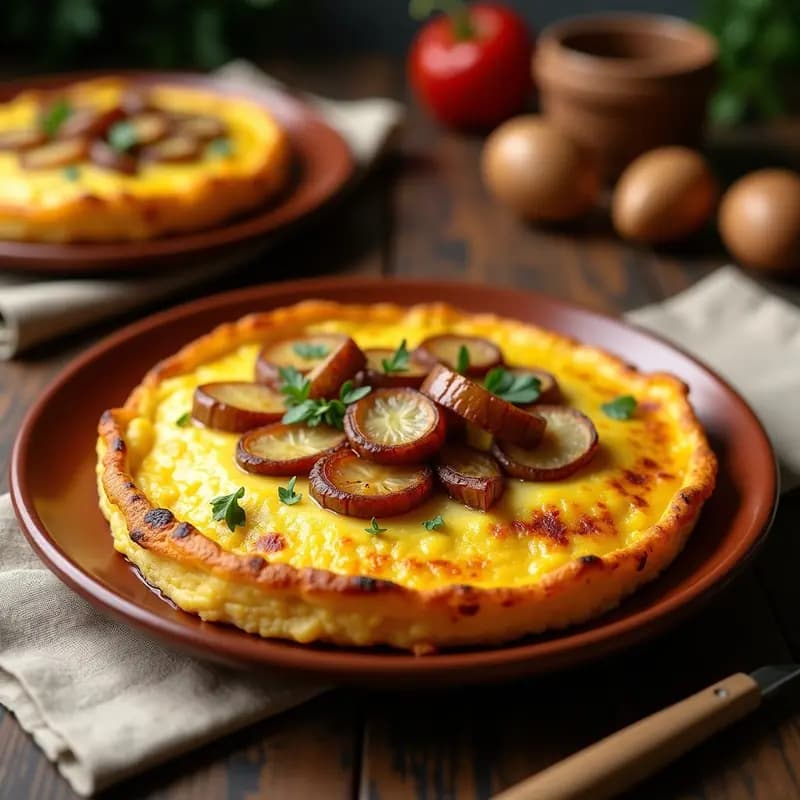 Tortilla española dorada con capas visibles de cebolla caramelizada y patata, servida en plato de barro rústico con un tenedor de madera.