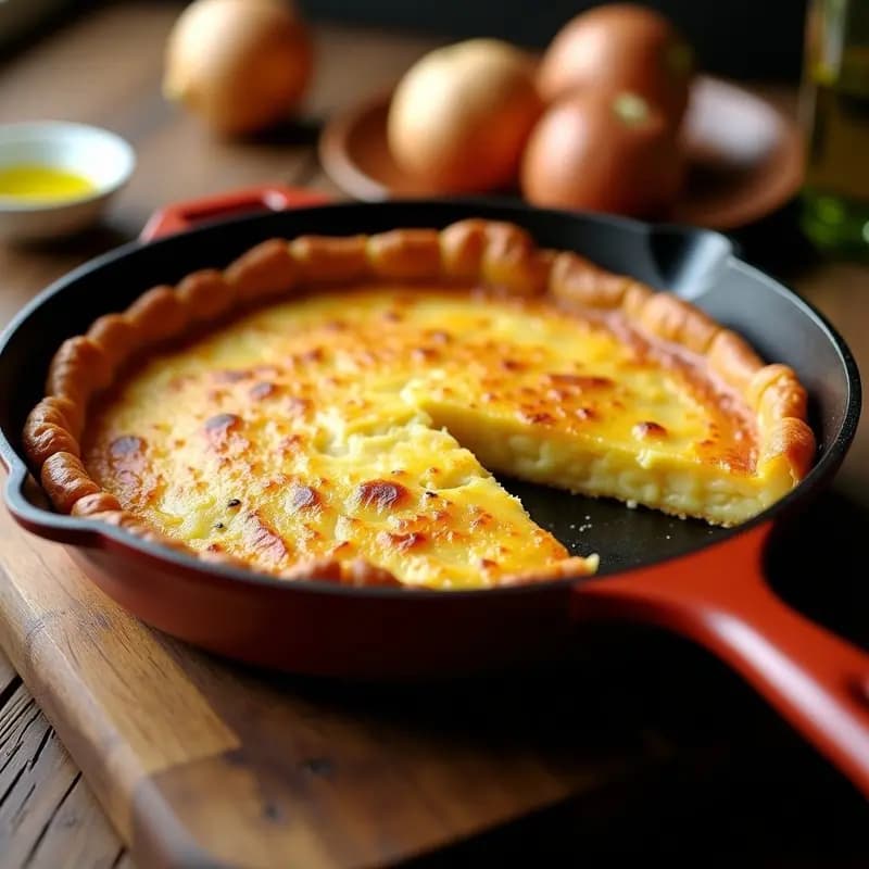 Tortilla de patatas dorada y crujiente en una sartén de hierro, con el borde ligeramente abultado y el interior jugoso. Receta tradicional española con truco para que no se desmorone.