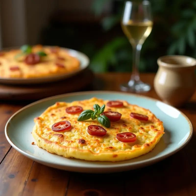 Tortilla española dorada y esponjosa en plato de cerámica blanca, coronada con ralladura de trufa negra y acompañada de rodajas de pan tostado, receta de lujo en horno.