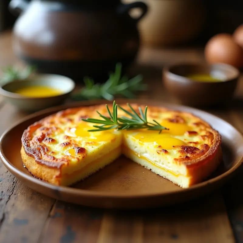 Tortilla española trufada en olla lenta, corte triangular mostrando capas de patata y huevo esponjoso con aroma a trufa negra.