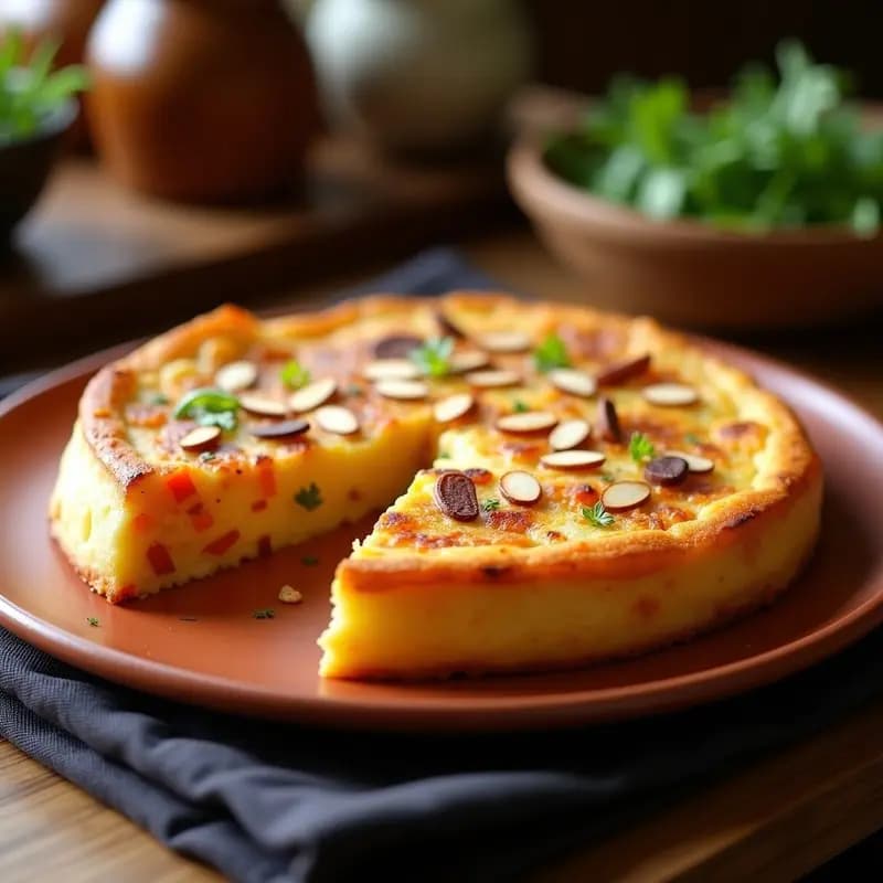 Tortilla española vegetariana dorada con capas visibles de patata y zanahoria, espolvoreada con almendras fileteadas, servida en plato de barro rústico.
