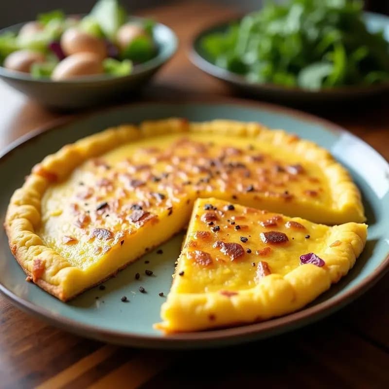 Tortilla española dorada de yuca sin harina en sartén antiadherente, cortada en porciones, con textura esponjosa y trozos de cebolla morada visibles.
