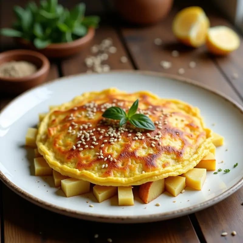 Tortilla española dorada en molde de silicona, con patatas y cebolla morada, espolvoreada con zaatar y sésamo, servida en plato blanco rústico sobre fondo de madera.