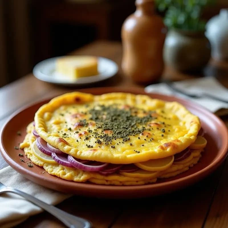 Tortilla española dorada con rodajas de patata y cebolla morada, espolvoreada con zaatar, servida en plato de barro rústico con fondo de madera.