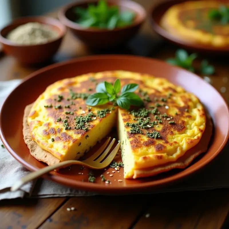 Tortilla española dorada y esponjosa con especias zaatar espolvoreadas, servida en plato de barro rústico con un tenedor de madera.