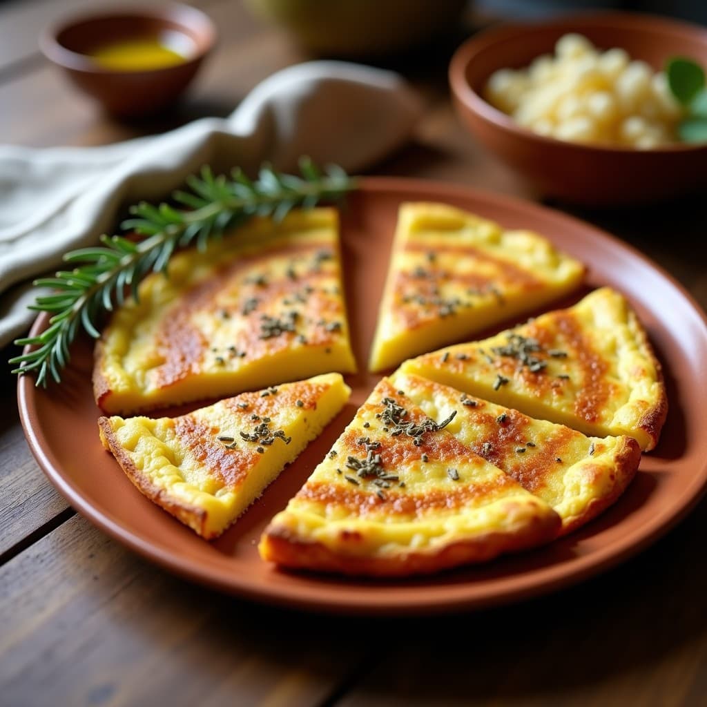 Tortilla española dorada con zaatar espolvoreado, cortada en porciones y servida en plato de barro con una ramita de tomillo fresco.