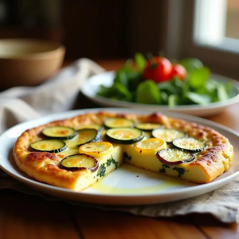Tortilla española dorada al horno con trozos de calabacín, patata y cebolla morada, servida en plato blanco rústico con ensalada verde de fondo.