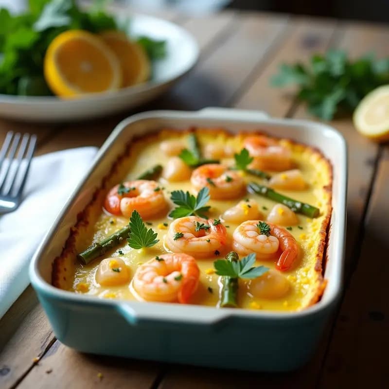 Tortilla dorada y esponjosa de espárragos blancos y gambas sobre bandeja de horno, con trozos visibles de espárragos y gambas rosadas, decorada con perejil fresco y ralladura de limón, receta de primavera con toque costero.