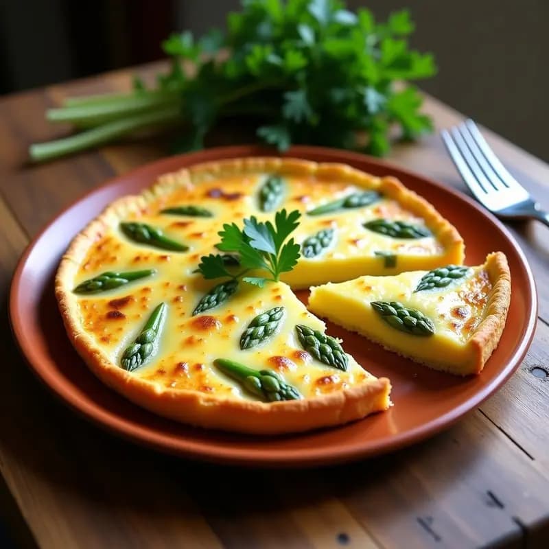 Tortilla dorada y jugosa con trozos de espárragos blancos trigueros, servida en plato de barro rústico con un tenedor de madera.