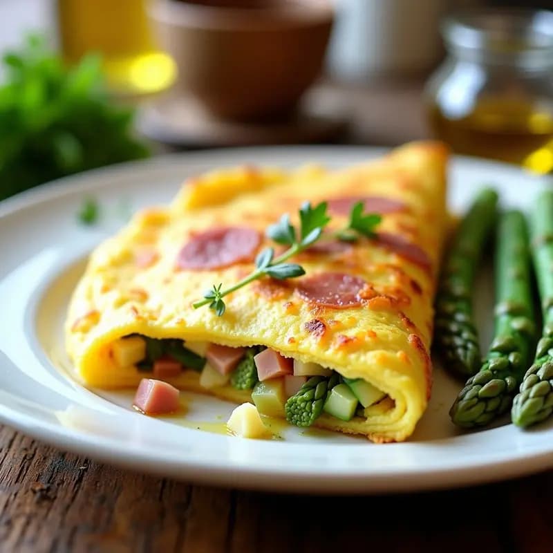 Tortilla española baja en calorías de espárragos trigueros y jamón serrano, esponjosa y dorada, servida en plato blanco con taquitos de jamón y espárragos verdes visibles en el interior.