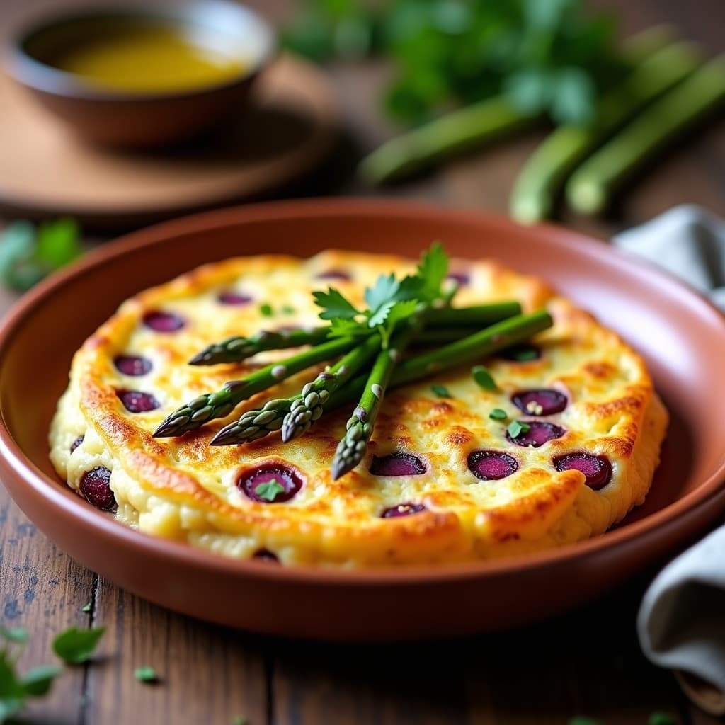 Tortilla vegana dorada de Espárragos trigueros y Patata Morada servida en plato de barro, con trozos visibles de verduras y un toque de pimentón espolvoreado.