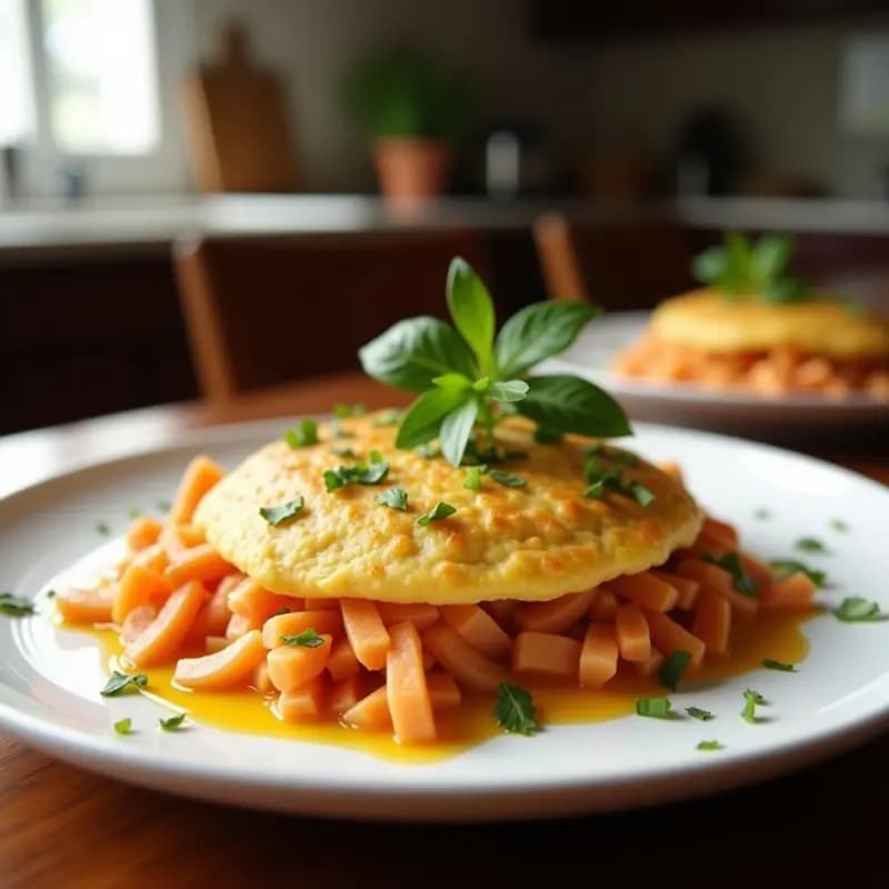 Tortilla dorada de espárragos trigos ahumados en sartén de hierro, con bordes crujientes y decorada con puntas de espárragos verdes, receta vegana y sin gluten.