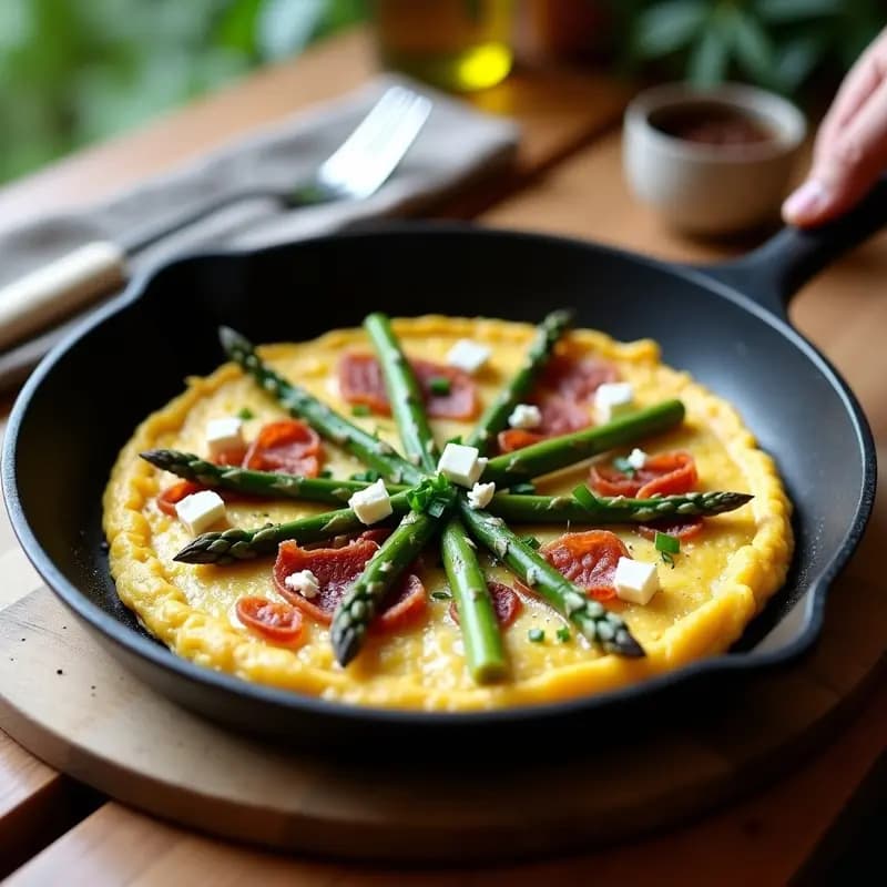 Tortilla dorada en sartén antiadherente con espárragos trigos, panceta crujiente y queso de cabra desmenuzado, servida con un toque de pimienta negra.