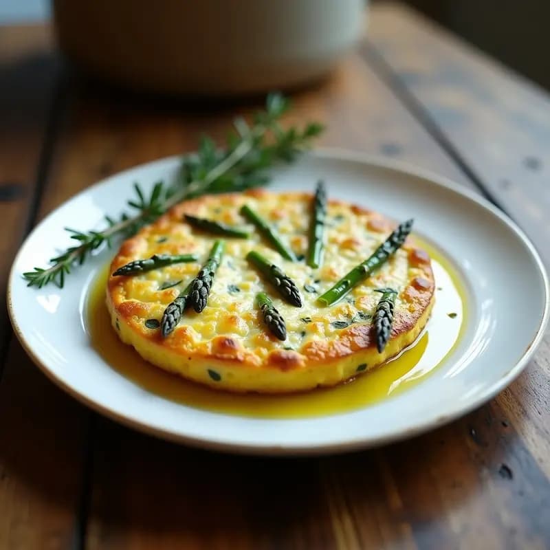Tortilla dorada al horno con trozos de espárragos trigos y queso de cabra fundido, servida en plato blanco sobre fondo rústico de madera.