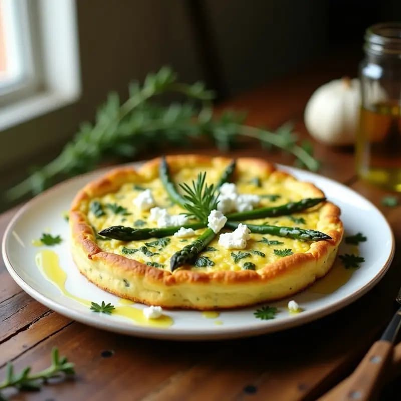Tortilla dorada y esponjosa con trozos de espárragos trigos verdes y queso de cabra desmenuzado, servida en plato blanco sobre fondo rústico de madera, receta gourmet rápida.
