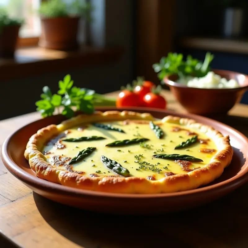 Tortilla dorada y esponjosa con espárragos trigos y trozos de queso Idiazábal fundido, servida en plato rústico de barro con fondo borroso de cocina tradicional.