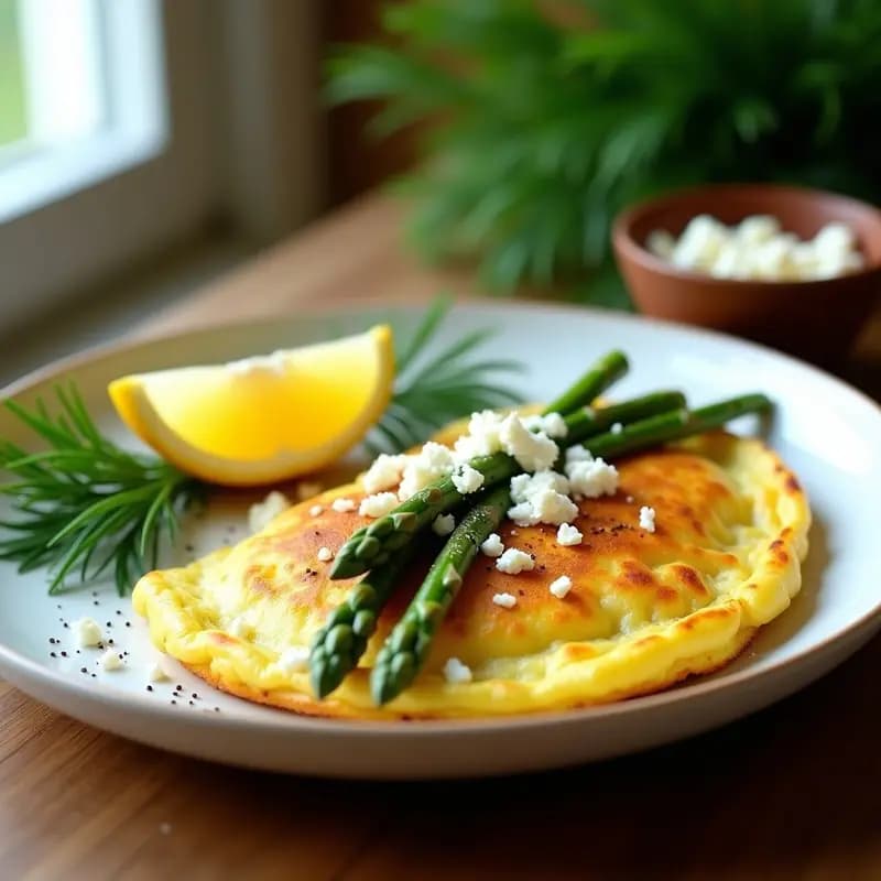 Tortilla dorada y esponjosa con espárragos trigueros verdes salteados, queso de cabra desmenuzado y un toque de limón, servida en plato blanco rústico.