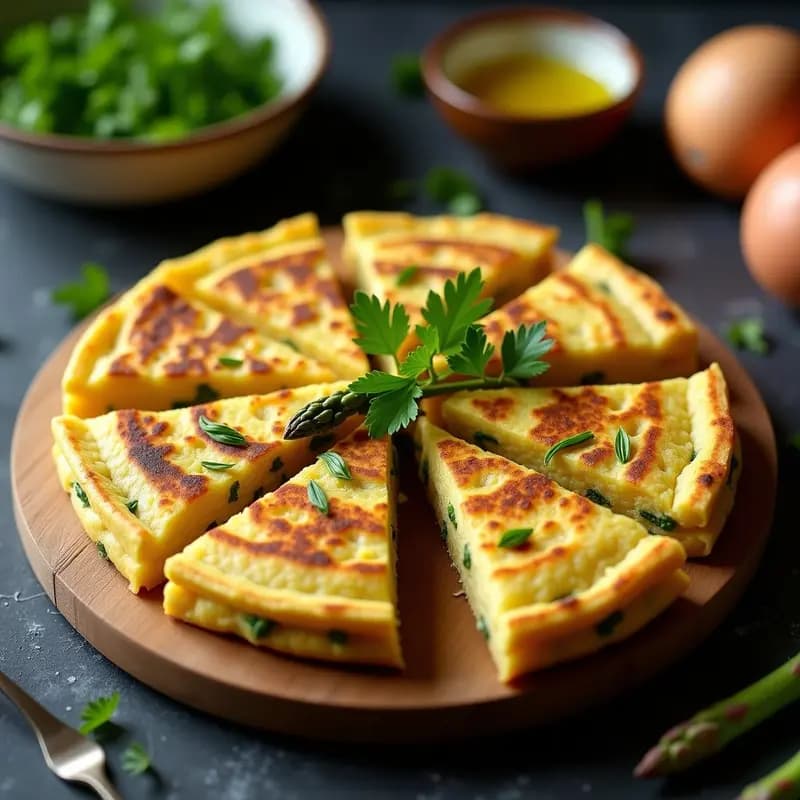 Tortilla vegana de espárragos verdes dorada, cortada en porciones, con espárragos asomando entre la masa esponjosa de garbanzo, servida en tabla de madera rústica.