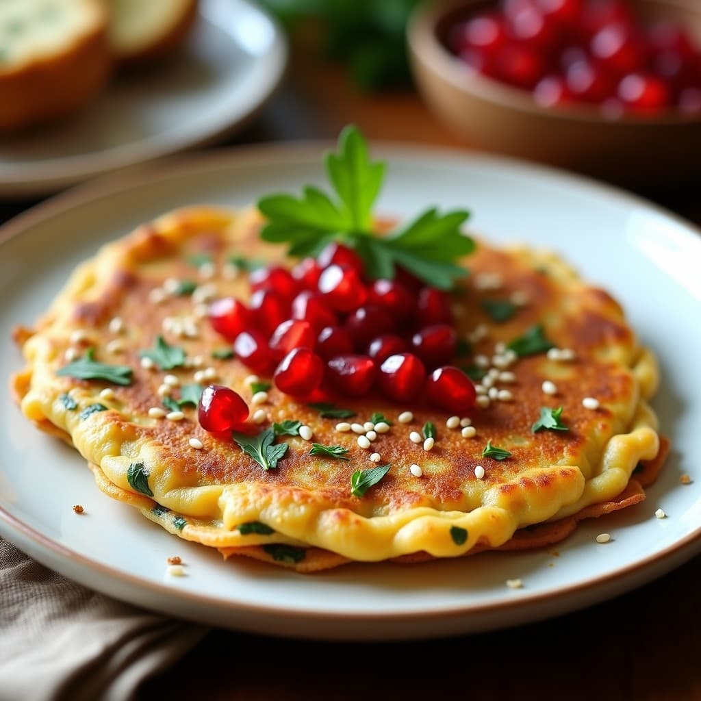 Tortilla dorada de espinacas y harina de garbanzo con topping de granos de granada rojos, perejil fresco y semillas de sésamo, servida en plato blanco rústico, receta española sin lactosa en airfryer.