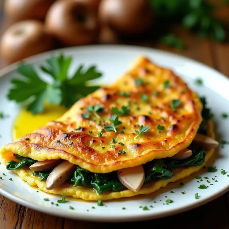 Tortilla dorada y esponjosa de espinacas y hongos shitake servida en plato blanco, con trozos visibles de verduras y textura jugosa, receta olla lenta.